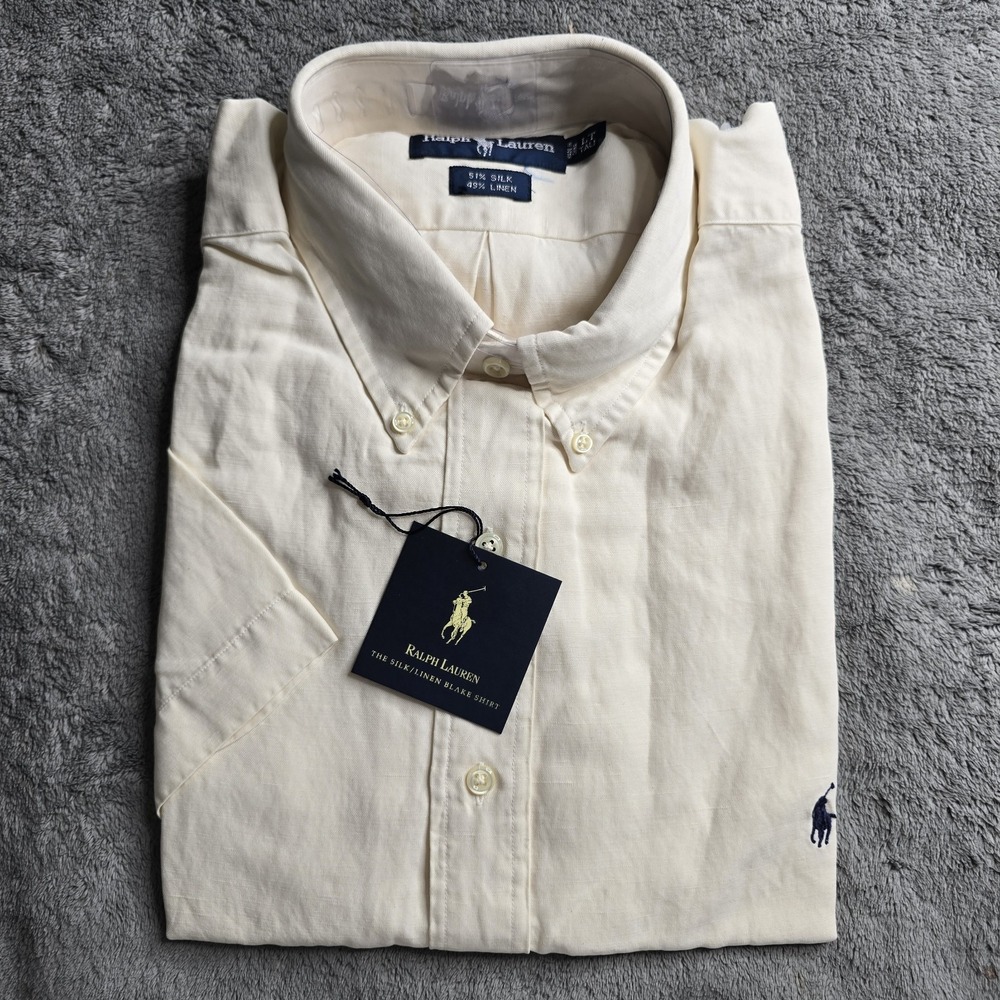 NWT Ralph Lauren Blake Shirt Mens Large Tall Cream S/S Silk Linen Navy Pony